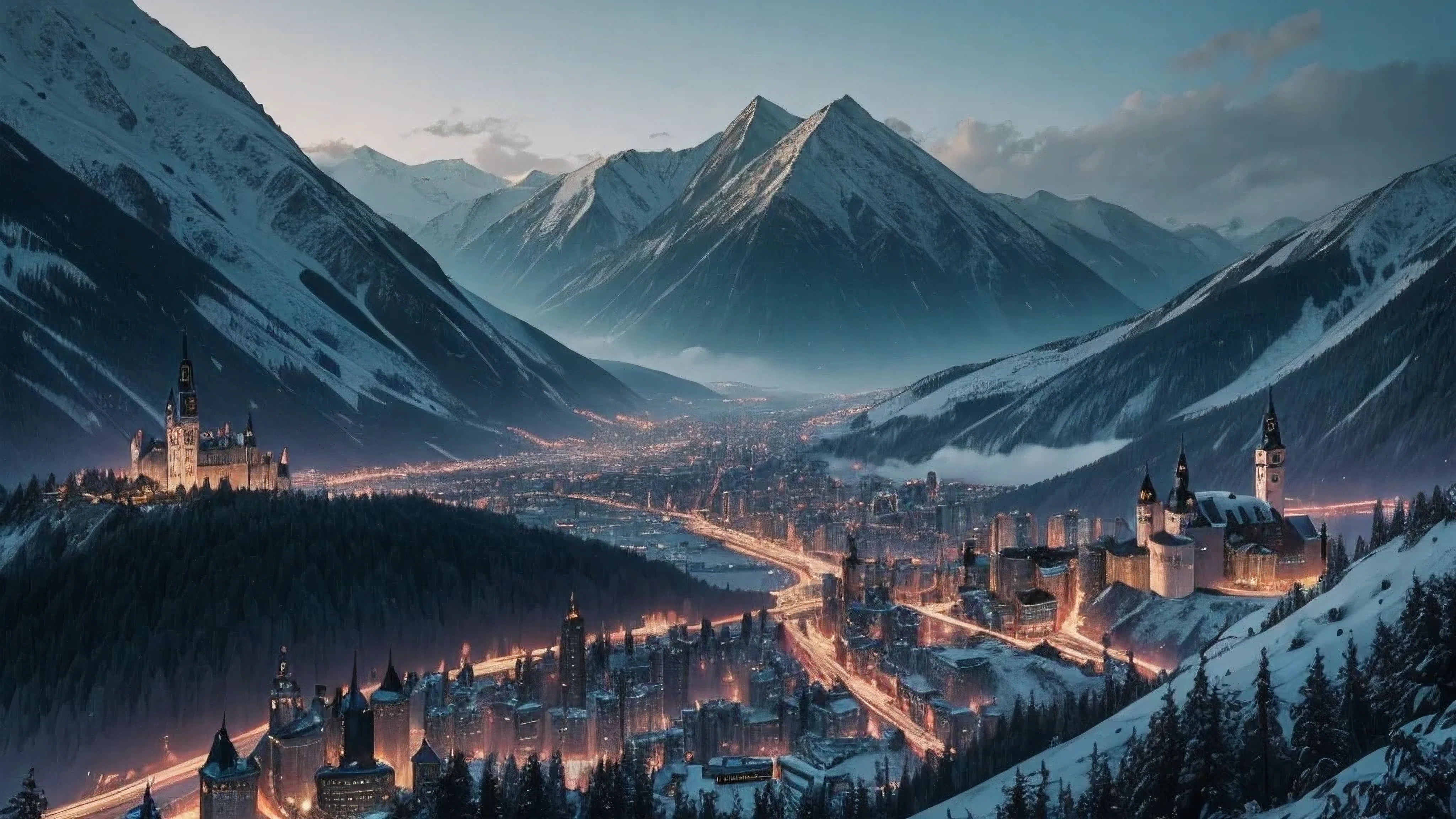 Crea una imagen de la ciudad de Sinaia en Rumania, but in the bleak future of Cyberpunk