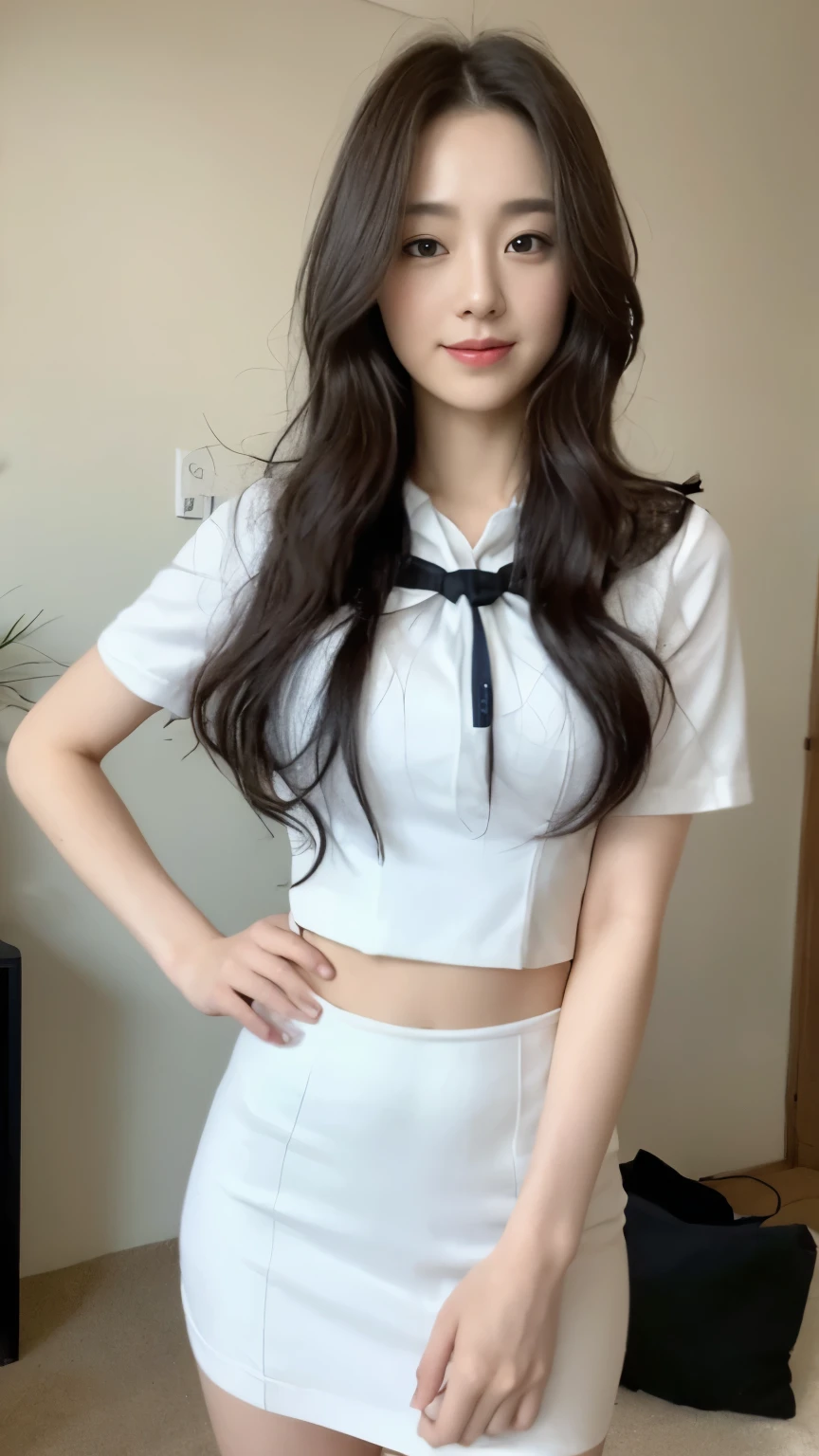 ((top-quality、8k、​masterpiece:1.3))、Beautiful woman with perfect body:1.4、slim abdomen:1.2、Longhair, normal breast, Highly detailed facial and skin texture, A detailed eye, (smile), (full body shot), ((office)), (standing), (((wearing white uniform)), looking in front,