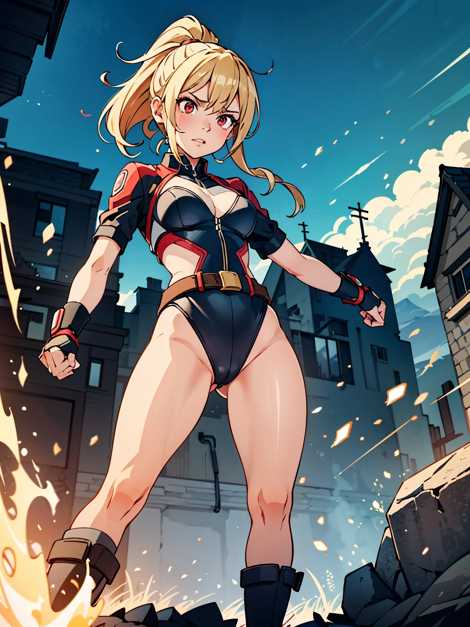 (((pixel-perfect, detail-perfect))), 1girl, solo, solo focus, Arti future anime. A woman supervillain standing in front of a dilapidated house, ((with messy hair over her eyes)), medium blonde hair, medium hair, bangs, ponytail, ((red eyes)), (detailed red leotard, golden tight belt), bare legs, and matching boots. vixip, close-up landscape, angry. cinematic lighting, highly detailed. white, brown, red. Perfect composition, masterpiece, best quality, 4k, sharp focus. beams of energy surging from the body, fists, ultra highres, absurdres, beautiful face, detailed eyes, symmetric eyes, perfect body, good proportions, adetailer