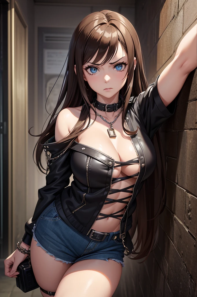 one Rebecca wearing punk clothes and chains,  woman, long brown hair, blue eyes, large , disgusted look, [ 4 k digital art ]!!, seductive anime girl, deviantart artstation cgscosiety, trending on cgstation, 8k high quality detailed art, photorealistic anime girl render, kawaii hq render, commission for high res