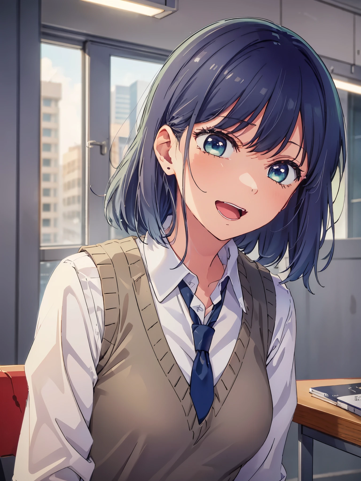 beautiful lighting, 1 girl, alone, Akane, white shirt, sweater vest, black vest, blue tie, ((anime style))、((2D))、laughter、open your mouth、
