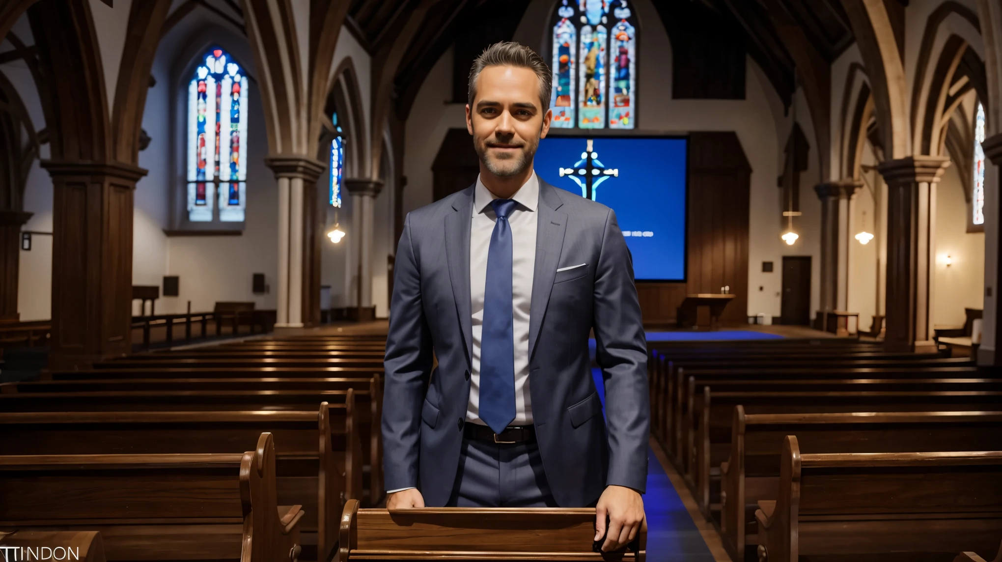 Create actor Jay Harrington as a Pastor, preaching in a modern church, preaching on top of the pulpit, background image church screen, church with blue lights, focus on the Pastor, wearing a suit, short gray hair, short gray beard, best ultra HD quality, cinematic effect, happy and smiling, in a church, 8k.