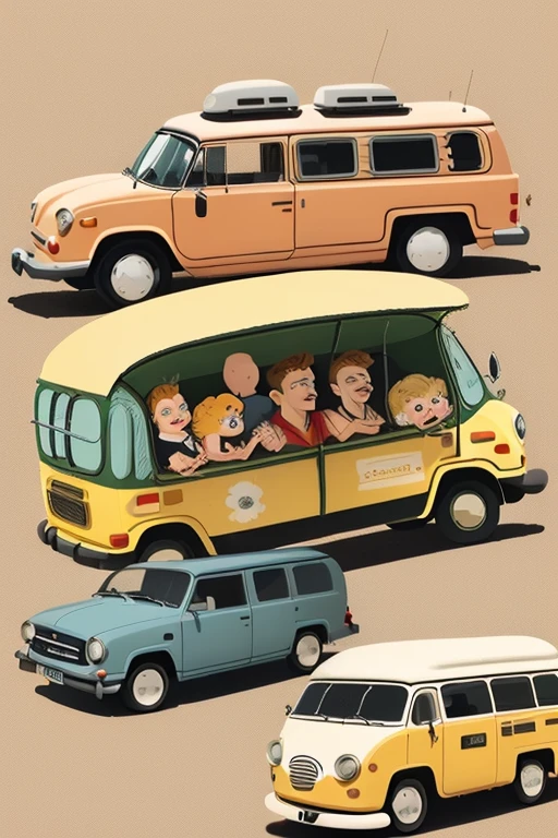 pop funny art,caricature,caricatured technical illustration,1 car,cross-sectional view of car,side view,campervan,a family in the campervan,simple person,