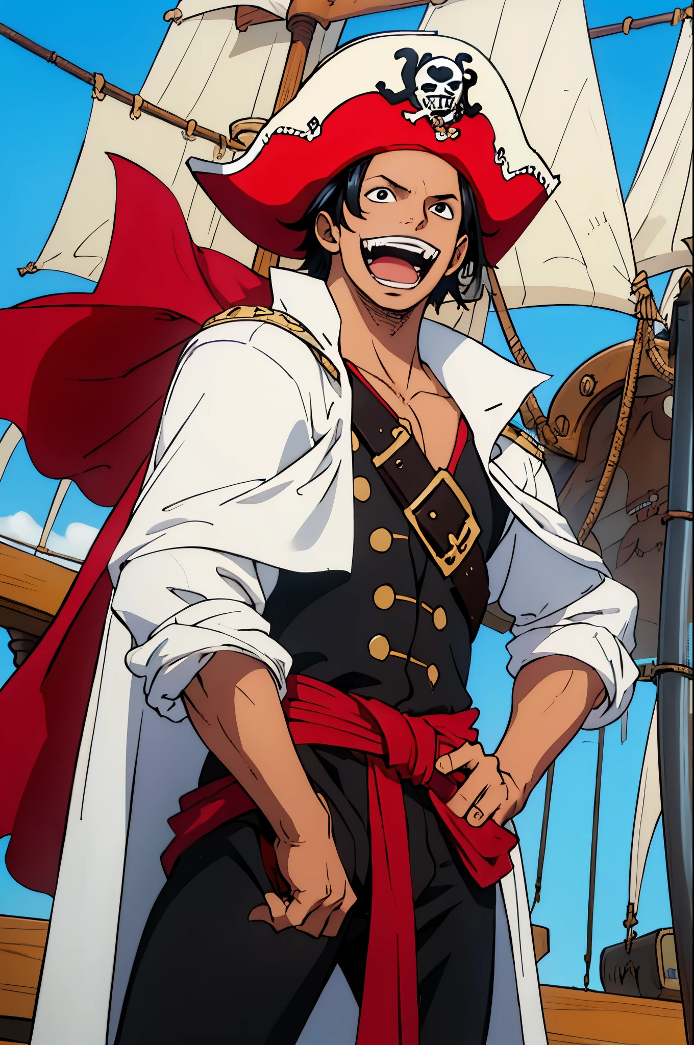 (masterpiece:1.3), (Best quality:1.3), 8K, solo, boy, black hair, short hair, white pirate hat, white pirate cape, Sword in his right hand, standing on the deck of a ship, open mouth, teeth, young, 16 years, Happy facial expression