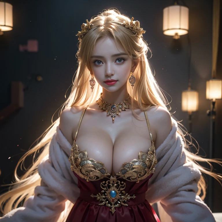 masterpiece，Highest image quality，Super details，best quality ,extremely delicate and beautiful, Very detailed,best quality, official art, Extremely detailed CG unified 8k wallpaper, Ana de Armas portrait photo, Blonde hair with black pupils，shiny skin,  (beautiful eyes:1.1), beautiful skin, big watery eyes，(detailed lighting:1.2), (Beautiful and detailed light:1.3),The noble goddess wearing flaming red and black holy clothes，Intricate Flame Shroud Details，华丽复杂的镂空超薄Flame long dress，Beautiful udder, The most perfect breast shape，firm breast，Deep cleavage，Naked of breast，complex, digital drawing, Smooth, sharp focus, end of the world, epic reality, (high dynamic range:1.4), (pastel colors:1.4), Revelation，Bright colors, screen space refraction, (intricate details, Super detailed:1.3), art station, lens, complex background, buliding，Beautiful smile，The most beautiful look，Dreamcatcher earrings，The best look，The noble, beautiful and dignified goddess of fire，Flower laurel，Flame long dress，