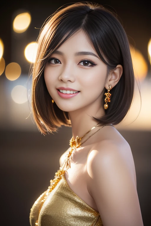 female idol、shiny lip gloss、smiling face、smoky eyeshadow、winged eyeliner、((dramatic lashes))、female silk dress（gold)、flowers、multicolor short hair、flowers in the hair (gold)、conceptual art, High quality, Realistic, extremely detailed CG unified 8k wallpaper, highly detailed, High-definition raw color photos, professional photography, Cinematic Light, Beautiful detailed, Super Detail, high detail, (((Bokeh))), depth of fields, illumination, City Street, Super stylish lighting