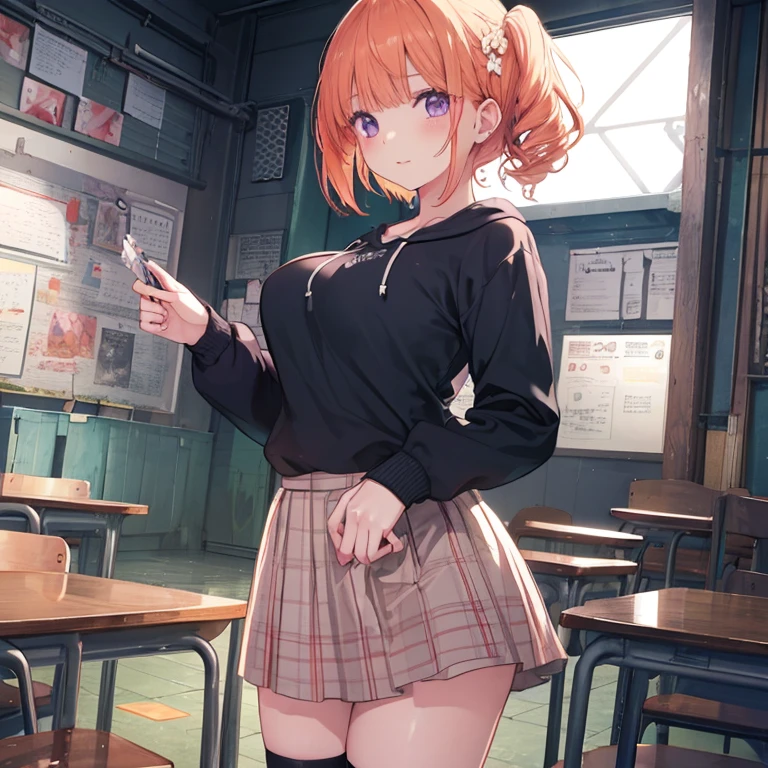 hide your hands, {{{one girl}}}, beautiful detailed girl, game CG, spring blossoms, One curl outside, short bob hair, pastel orange hair, purple eyes,stylish accessories solo, breast enhancement, medium short, woman, Take-out, laughter, big breasts,pastel green plaid mini skirt,Black knee-high, {wearing a pastel green hoodie},open your mouth, Daytime Classroom, wonderful, beautiful and fine eyes, highest quality, super delicate,Masseter muscle part,highest quality,(official art、highest quality、Unity 8k wallpaper、32K、masterpiece、super detailed、Super high resolution、realistic、Photoreal:1.2)、(cinematic lighting:1.2)、fire glow effect、The grainiest shadow of the film、side light、side shot、(super detailedで複雑な3Dレンダリング)、Atelier Series,