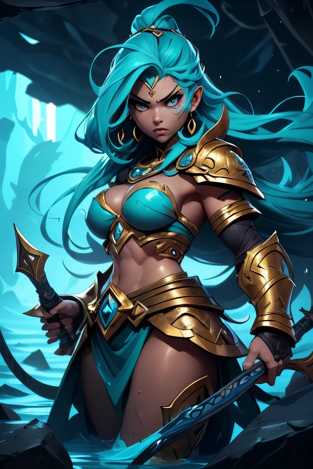 ((NO CLOTHEs)), very angry, strong, supernaturally (beautiful and enchanting Atlantean Barbarian Goddess of War with a, topless armor), and screaming in fury. She is swimming in shallow waves in a dark underground sea cave, lit only by the oceanic bioluminescence that bathes her perfect, irresistible body. Minimalist golden anime style female battle armor and shiny magic. His tanned skin shines with scales. She is athletic, slim, fit, toned, thin and very muscular with a small waist and slender hips. Defined abdominals. She has deeply tanned skin and flowing, shiny hair. Her large, vibrant, bright Asian turquoise eyes stare intensely at the viewer with a predatory, otherworldly fascination. She has intricate aquatic-inspired tattoos all over her body. His face has designs painted on it. Rolling deep shadows.