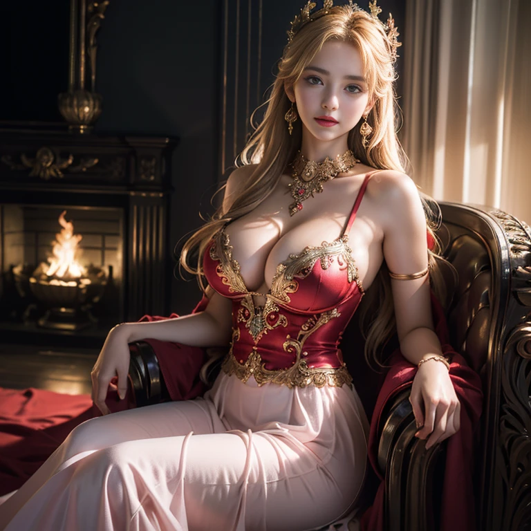 masterpiece,Highest image quality,Super details,best quality ,extremely delicate and beautiful, Very detailed,best quality, official art, Extremely detailed CG unified 8k wallpaper, Ana de Armas portrait photo, Blonde hair with black pupils,shiny skin, (beautiful eyes:1.1), beautiful skin, big watery eyes,(detailed lighting:1.2), (Beautiful and detailed light:1.3),The noble goddess wearing flaming red and black holy clothes,Intricate Flame Shroud Details,Gorgeous and complex hollow ultra-thin flame dress,Beautiful udder, The most perfect breast shape,firm breast,Deep cleavage,Naked of breast,complex, digital drawing, Smooth, sharp focus, end of the world, epic reality, (high dynamic range:1.4), (pastel colors:1.4), Revelation,Bright colors, screen space refraction, (intricate details, Super detailed:1.3), art station, lens, complex background, buliding,Beautiful smile,The most beautiful look,Dreamcatcher earrings,The best look,The noble, beautiful and dignified goddess of fire,Flower laurel,Flame element long skirt,flaming background,
