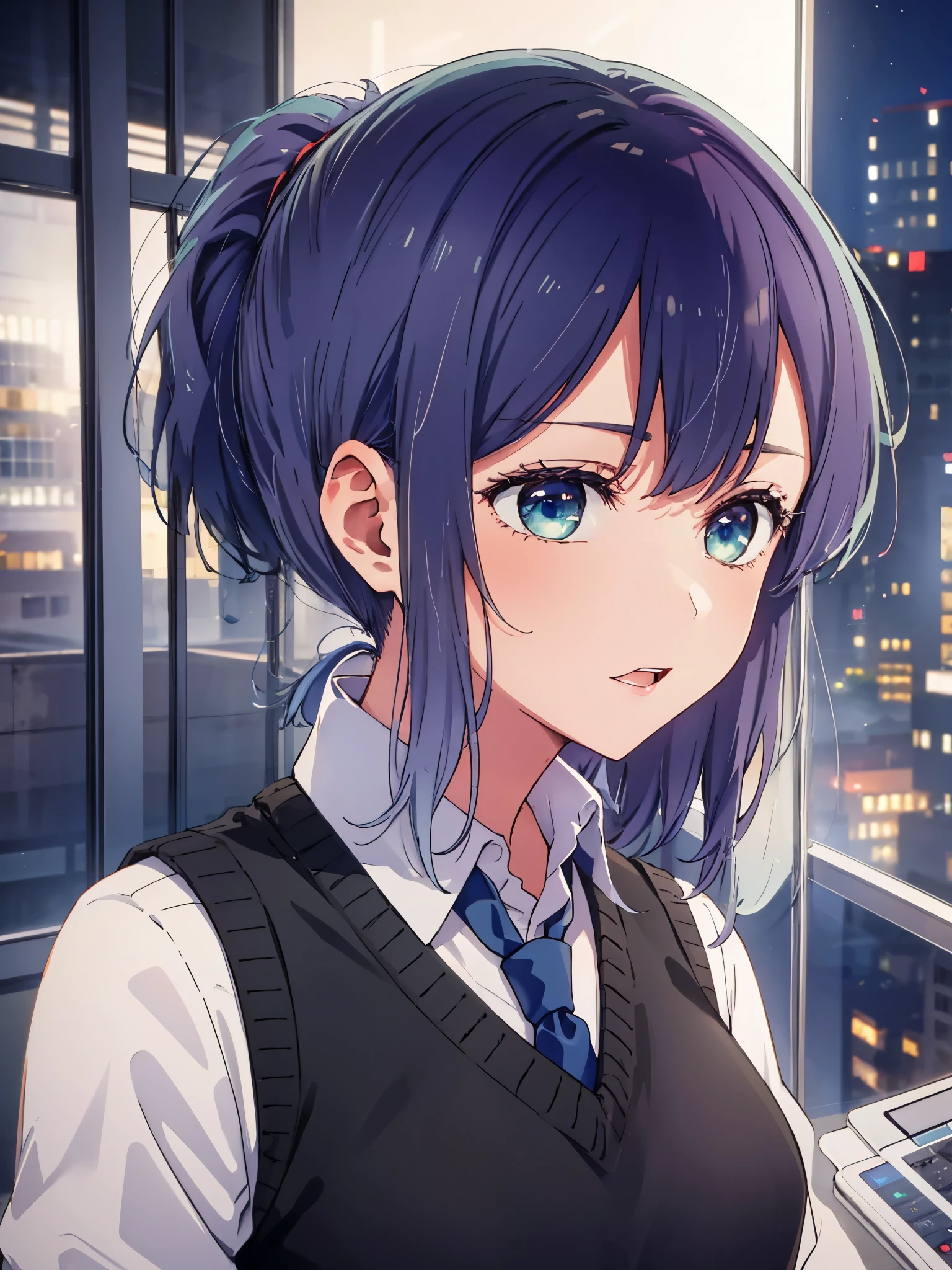 beautiful lighting, 1 girl, solo, Akane, white shirt, sweater vest, black vest, blue tie, ((anime style))、((2D))、laughter、open your mouth、(((ponytail)))
