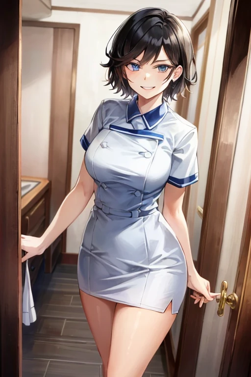 Masterpiece, top quality, high resolution, masterpiece, adult woman alone, evil smile, evil smile, evil plan, black hair, white nurse clothes, short hair, blue eyes, miniskirt, hospital room, holding key in hand