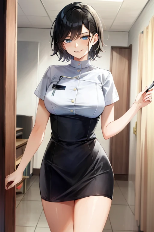 Masterpiece, top quality, high resolution, masterpiece, adult woman alone, evil smile, evil smile, evil plan, black hair, white nurse clothes, short hair, blue eyes, miniskirt, hospital room, holding key in hand