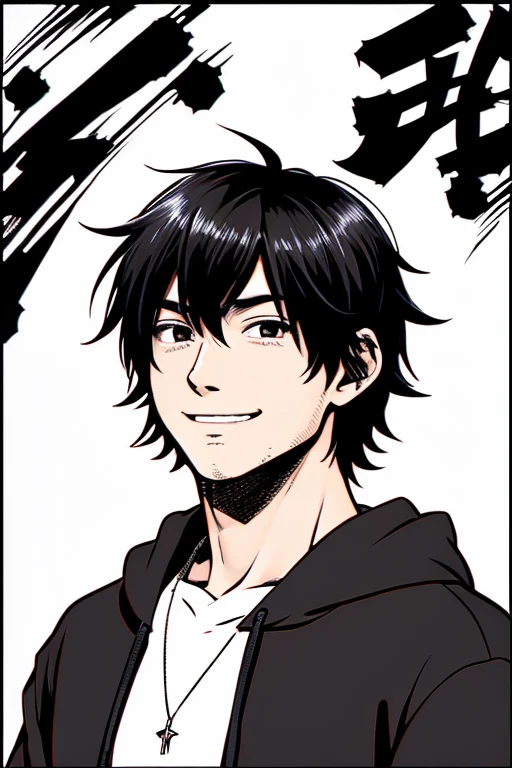 Created in manga style, Japanese man, black hair, short hair, hoodie, smile, background is Griyalis