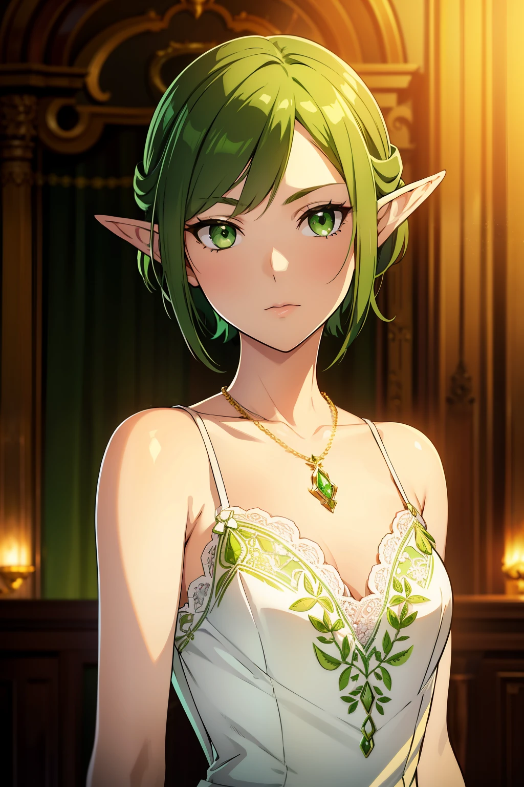 elf woman with green short waved hair and green eyes,very flat breast, small breast),(( wears a white dress with lace and green juwels)), wears golden necklace with grren pendant, elegant ballroom in background, great face expression, trending on artstation, great detailed eyes,