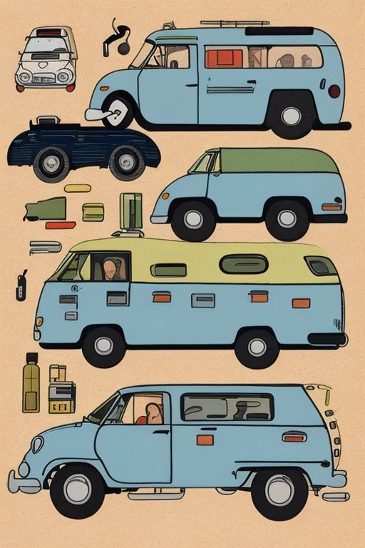 pop funny art,1 car,caricature,caricatured technical illustration,cross-sectional view of car,side view,campervan,a family in the campervan,simple person,