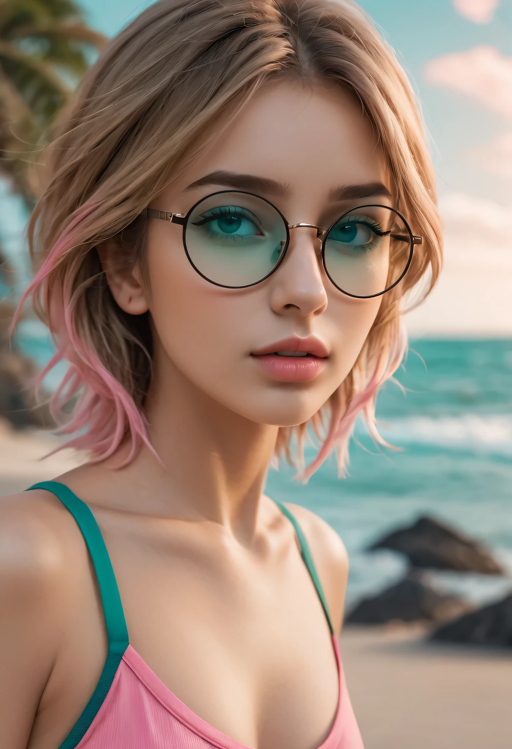 (masterpiece, professional photo:1.1), (8k, high resolution), women, European, (straight messy hair (dark blonde)), sexy curve, beautiful face, ultra detail eyes, (glasses:1.1), (close mouth:1.2), small breast, (breast grab:1.1), (safety shorts pink:1.2), (teal high neck:1.2), sexy goddess, street, old beach side build, high quality image