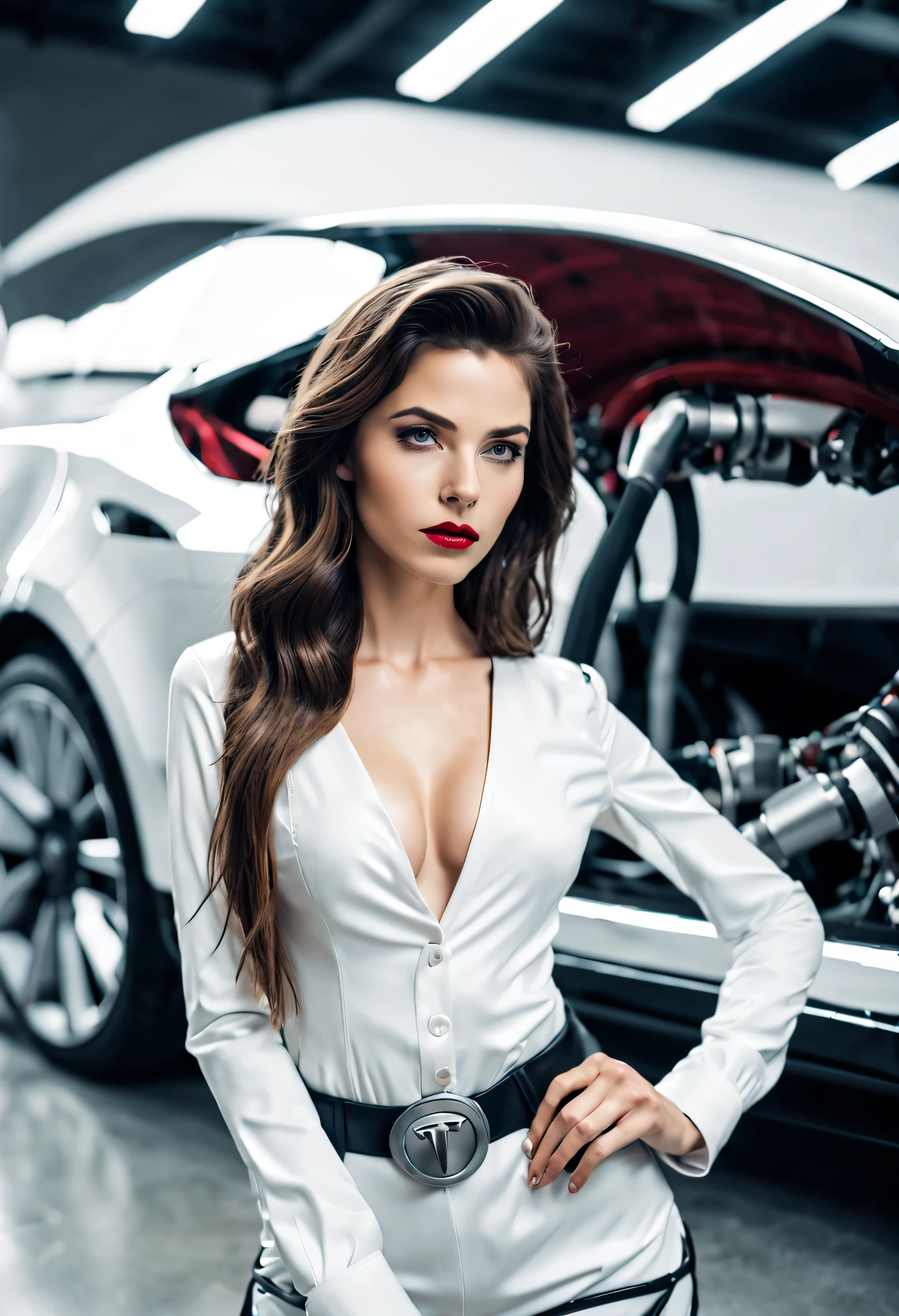 masterpiece, 1 extremely beautiful girl in a fashionable sexy Tesla outfit, at the Tesla headquarters next to a Tesla robot, the girl is 20 years old, detailed eye, brunette with blue undertones, curve cut hairstyle, top-quality, high resolution (Realistic ity: 1.4) tall ( 5 ft 9), skinny, fit, tanned, beautiful hands, long legs, tanned, detailed blue eyes, cinematic lighting, european beauty, italian, super beauty, beautiful skin, (A hyper-realistic). (8K). (detailed). (beautifully detailed eyes), (ultra-detailliert), (wall-) (Natural smile), beautiful white teeth, very beautiful hair. A detailed face, bright lighting, professional lighting. (The costume fashionable sexy Tesla outfit, at the Tesla headquarters next to a Tesla robot). Extremely realistic photo. (((photorealistic))). ((( ffashionable sexy Tesla outfit, at the Tesla headquarters next to a Tesla robot in a Tesla environment))). detailed hands. each hand has 5 digits, the digits have to be as long as a digit should be. each digit needs to have a nail. (((fit girl))). ((( fashionable sexy fashionable sexy Tesla outfit))). 35mm, F/2.8, insanely detailed and intricate, character, hypermaximalist, elegant, ornate, beautiful, revealing, appealing, attractive, hyper-realistic, super detailed, popular on Flickr. 35mm
