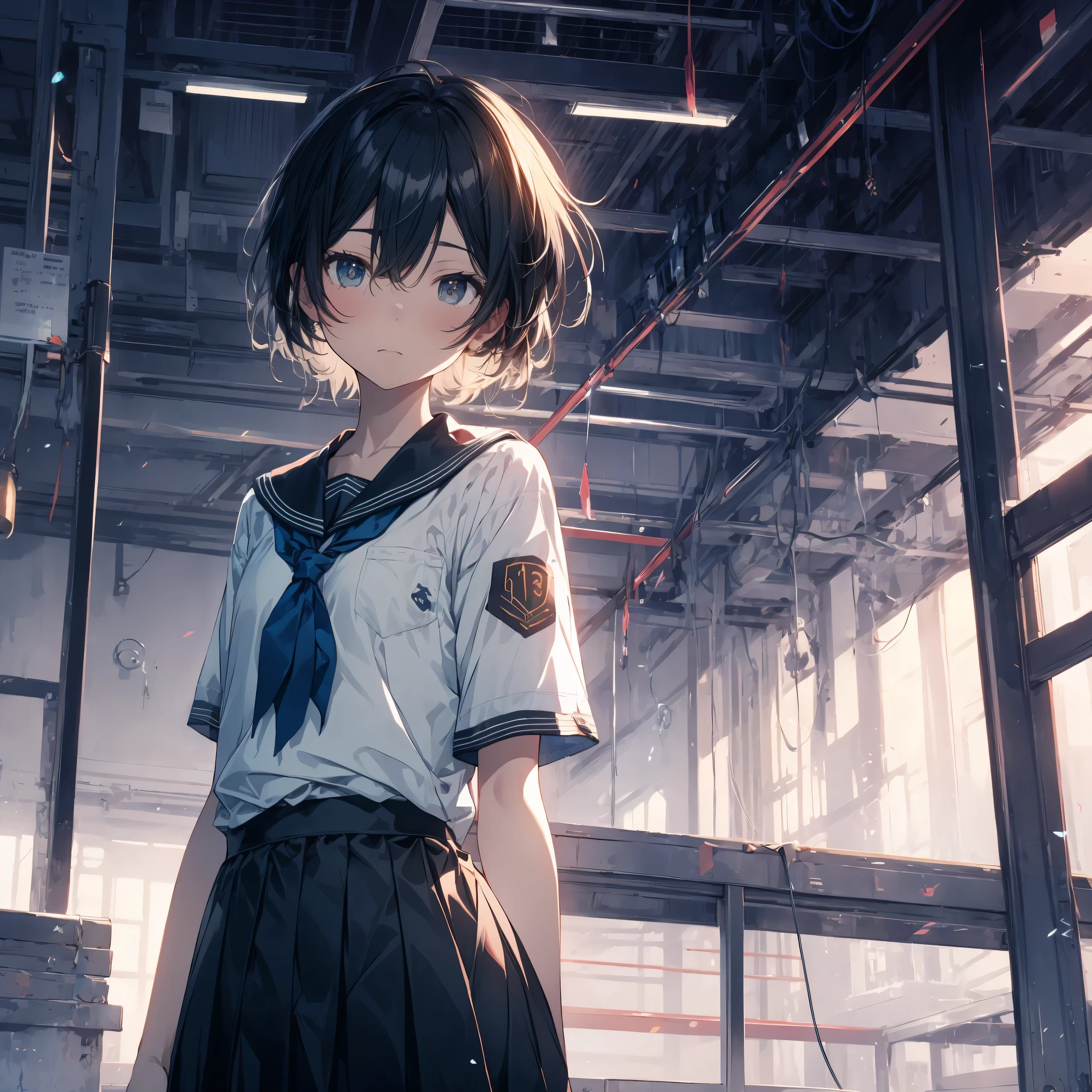 Super high quality by the art god, super detailed, High resolution,Kyoto animation style, anime moe art style, best anime 8K konachan wallpaper, pixiv contest winner, perfect anatomy, break,(眠そうにalone学校へ行く女の子を描いてください. ),break, surreal high school girl, (alone,lolita,13 years old:1.3),All limbs, full finger,, androgynous charm, (very short hair), messy hair, flat chest, small ass, between legs, Small black eyes,beautiful and fine eyes, Well-proportioned iris and pupils, disgusted eyes, High resolutionの詳細な髪, wearing , (skirt), On the way to school. break,super dense skin, Best lighting by famous artists, 8K, figure,