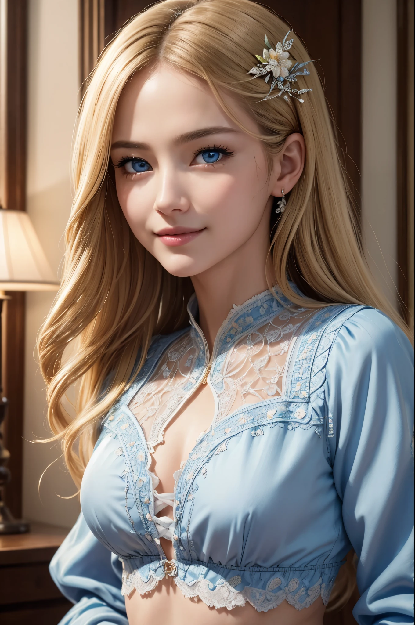 8K、highest quality、actual image、intricate details、super detailed、Super high resolution、depth field、(Photoreal、realistic:1.2)、masterpiece、aristocratic girl photo、European Woman、wearing a jacket、crop top、blue eyes、blonde hair、blue eyes、solo、sun、Blue sky、 highest quality、realistic、Photoreal、(intricate details:1.2)、(delicate details)、(cinematic light)、clear lines、smile,lifelike face、Detail Face Unity 8K Wallpapers、Super high resolution、(Photoreal:1.4)、looking at the viewer,sexy costume,very small breasts,