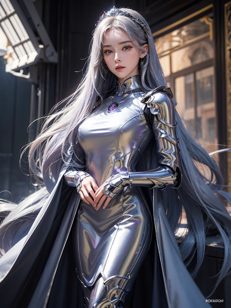 masterpiece, best quality, extremely detailed,cinematic lighting, finely detailed beautiful face and eyes, stoic, arrogant , long smooth shiny silver color hair, Realistic lighting, pretty face , Body perfect anatomy,Top Quality, Top resolution, realistic , Cinematic, Aesthetic, beautiful girl , full body , princess in lavender modest silk mecha dress