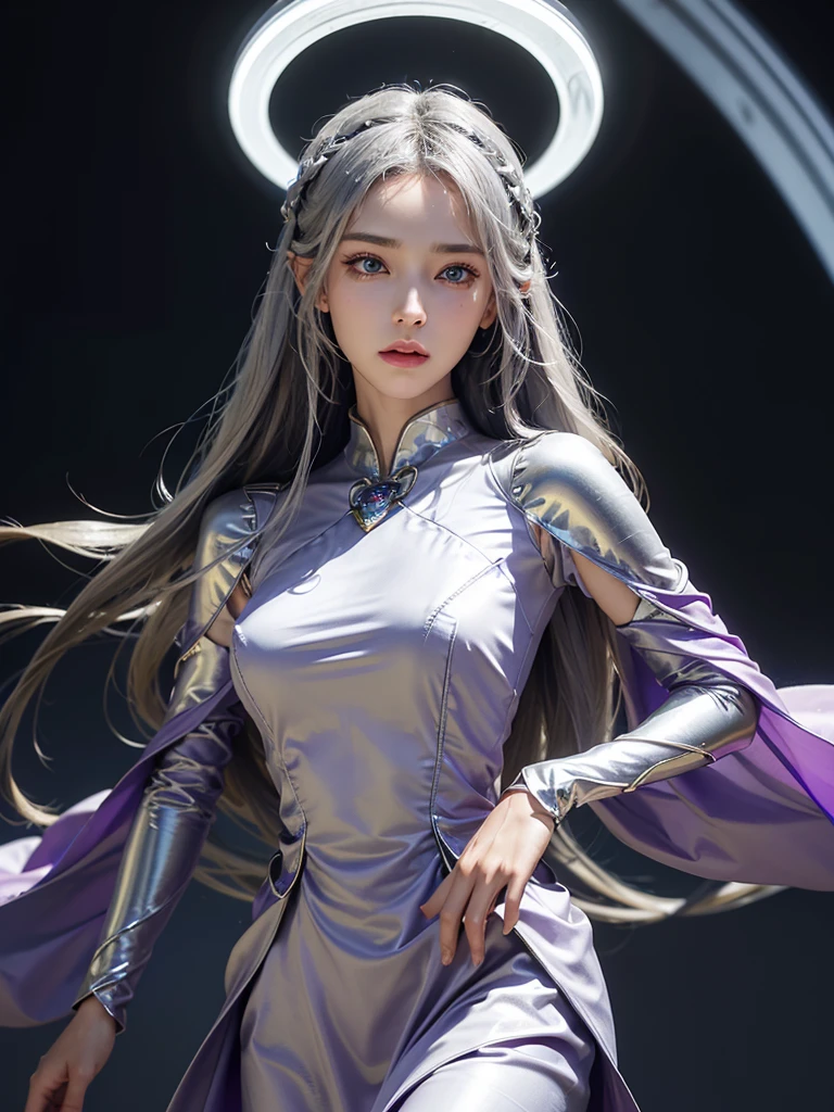 intricate detail, masterpiece, best quality, extremely detailed,cinematic lighting, beautiful detailed glow, finely detailed beautiful face and eyes, smile , long smooth shiny silver hair, Realistic lighting, pretty face , Body perfect anatomy,Top Quality, Top resolution, realistic , Cinematic, Aesthetic, beautiful girl , full body , battle sorceress with long robes