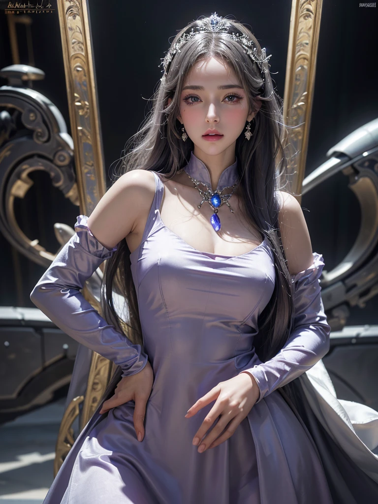 masterpiece, best quality, extremely detailed,cinematic lighting, finely detailed beautiful face and eyes, stoic, arrogant , long smooth shiny silver color hair, Realistic lighting, pretty face , Body perfect anatomy,Top Quality, Top resolution, realistic , Cinematic, Aesthetic, beautiful girl , full body , princess in lavender modest silk mecha dress