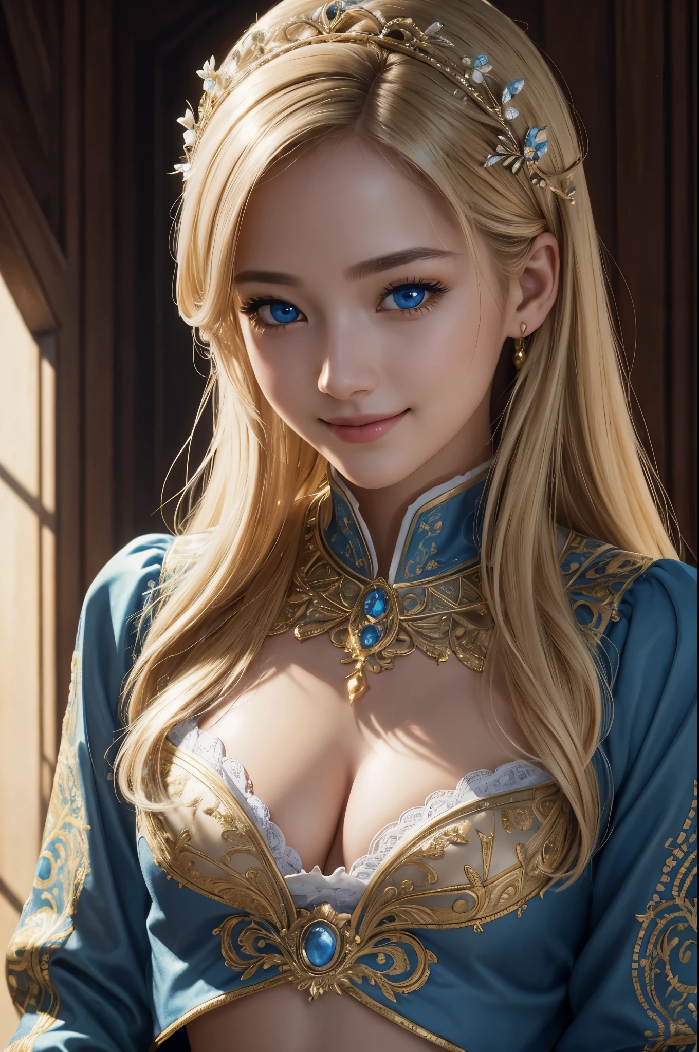 8K、highest quality、actual image、intricate details、super detailed、Super high resolution、depth field、(Photoreal、realistic:1.2)、masterpiece、aristocratic girl photo、European Woman、wearing a jacket、crop top、blue eyes、blonde hair、blue eyes、solo、sun、Blue sky、 highest quality、realistic、Photoreal、(intricate details:1.2)、(delicate details)、(cinematic light)、clear lines、smile,lifelike face、Detail Face Unity 8K Wallpapers、Super high resolution、(Photoreal:1.4)、looking at the viewer,sexy costume,very small breasts,perspective from above,超sexy costume,