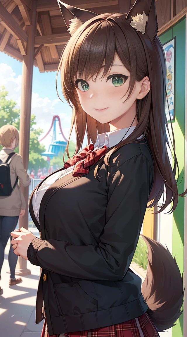 ((masterpiece, best quality, high resolution, ultra high definition, pixel perfect, depth of field, 4K, RTX, human development report))), 1 girl, single, alone, beautiful anime girl, beautiful art style, anime characters, ((long hair, Bangs, brown hair)), ((green eyes:1.4, round eyes, beautiful eyelashes, realistic eyes)), ((Detailed face, blush:1.2)), ((smooth texture:0.75, lifelike质感:0.65, lifelike:1.1, Anime CG style)), D+++breast, dynamic angle, Perfect body, ((portrait, Throw)), ((red bow tie, , black jacket, open jacket, Brown cardigan, White shirt, black skirt, Plaid skirt)), Smile, lean forward, Put your hands behind your back, amusement park，Black fox ears，black succubus tail，Black peach heart at the tip of the tail。