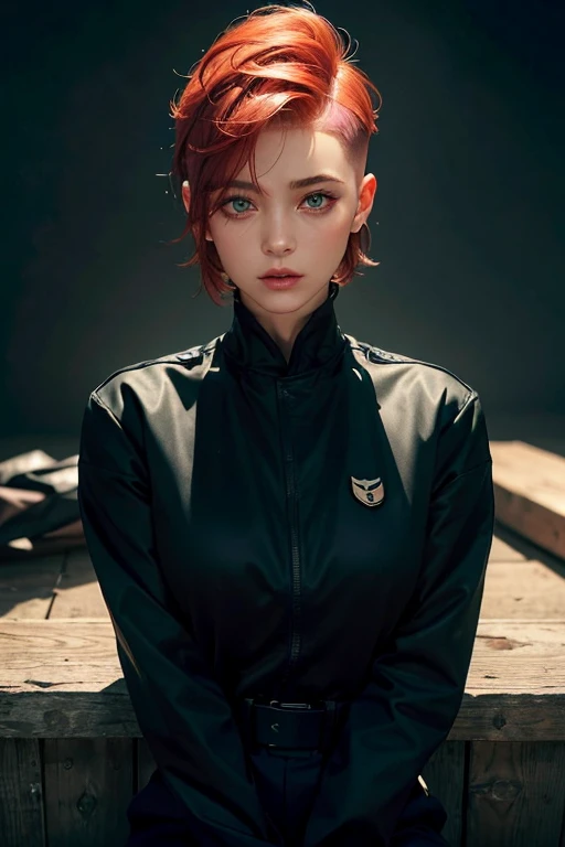 30 year old female,(high top fade:1.3),dark theme, pleasant tone, calm colors, redhead, high contrast, (natural skin texture, hyper realism, soft light, sharp),short hair that is long on one side,green eyes,uniform
