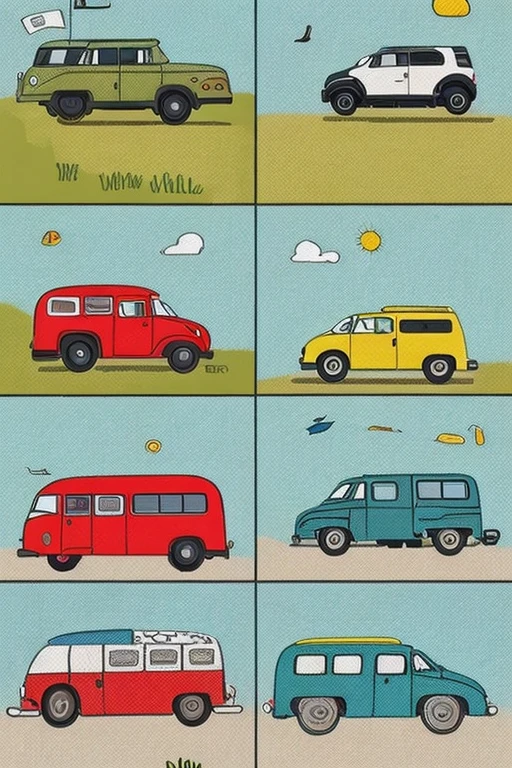 pop funny art,cartoon.caricature,technical illustration:0.1,1 car,cross-sectional view of car,side view,campervan,a family in the campervan,simple person,