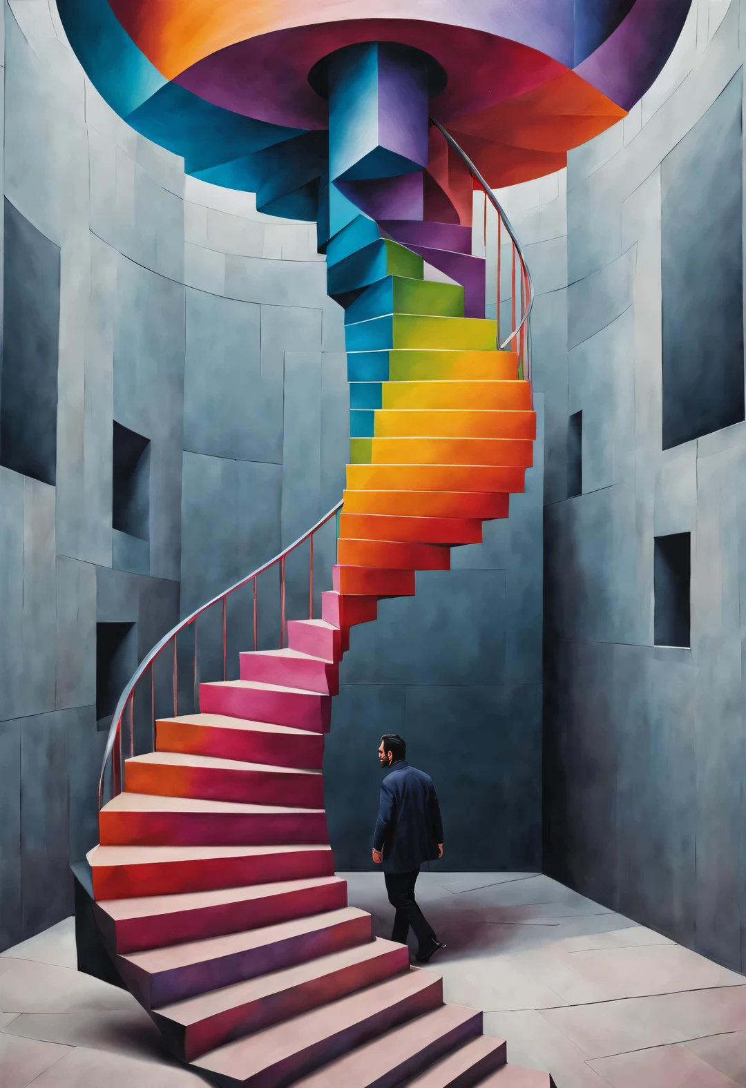 (Visual illusion), Inception, a repeating or spiral shape that moves or changes, or perspective-distorted images that distort perception of depth and space, These images appear to be moving, straight lines are curved, A painting of a man walking up the stairs, Colorful geometric design, bright colors, Inspired by Tomek Setovsky, psychedelic architecture, bright colors of the Kirian and Penrose stairs Colorful flat surrealism, Biomorphic Temple, Paul Lyle, and triple, master of abstract surrealism, inspired by killian, monument valley,