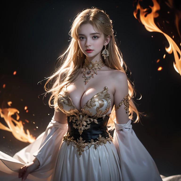 masterpiece,Highest image quality,Super details,best quality ,extremely delicate and beautiful, Very detailed,best quality, official art, Extremely detailed CG unified 8k wallpaper, Ana de Armas portrait photo, Blonde hair with black pupils,shiny skin, (beautiful eyes:1.1), beautiful skin, big watery eyes,(detailed lighting:1.2), (Beautiful and detailed light:1.3),The noble goddess wearing flaming red and black holy clothes,Intricate Flame Shroud Details,Gorgeous and complex hollow ultra-thin flame dress,Beautiful udder, The most perfect breast shape,firm breast,Deep cleavage,Naked of breast,complex, digital drawing, Smooth, sharp focus, end of the world, epic reality, (high dynamic range:1.4), (pastel colors:1.4), Revelation,Bright colors, screen space refraction, (intricate details, Super detailed:1.3), art station, lens, complex background, buliding,Beautiful smile,The most beautiful look,Dreamcatcher earrings,The best look,The noble, beautiful and dignified goddess of fire,Flower laurel,Flame element long skirt,Totally flame background,