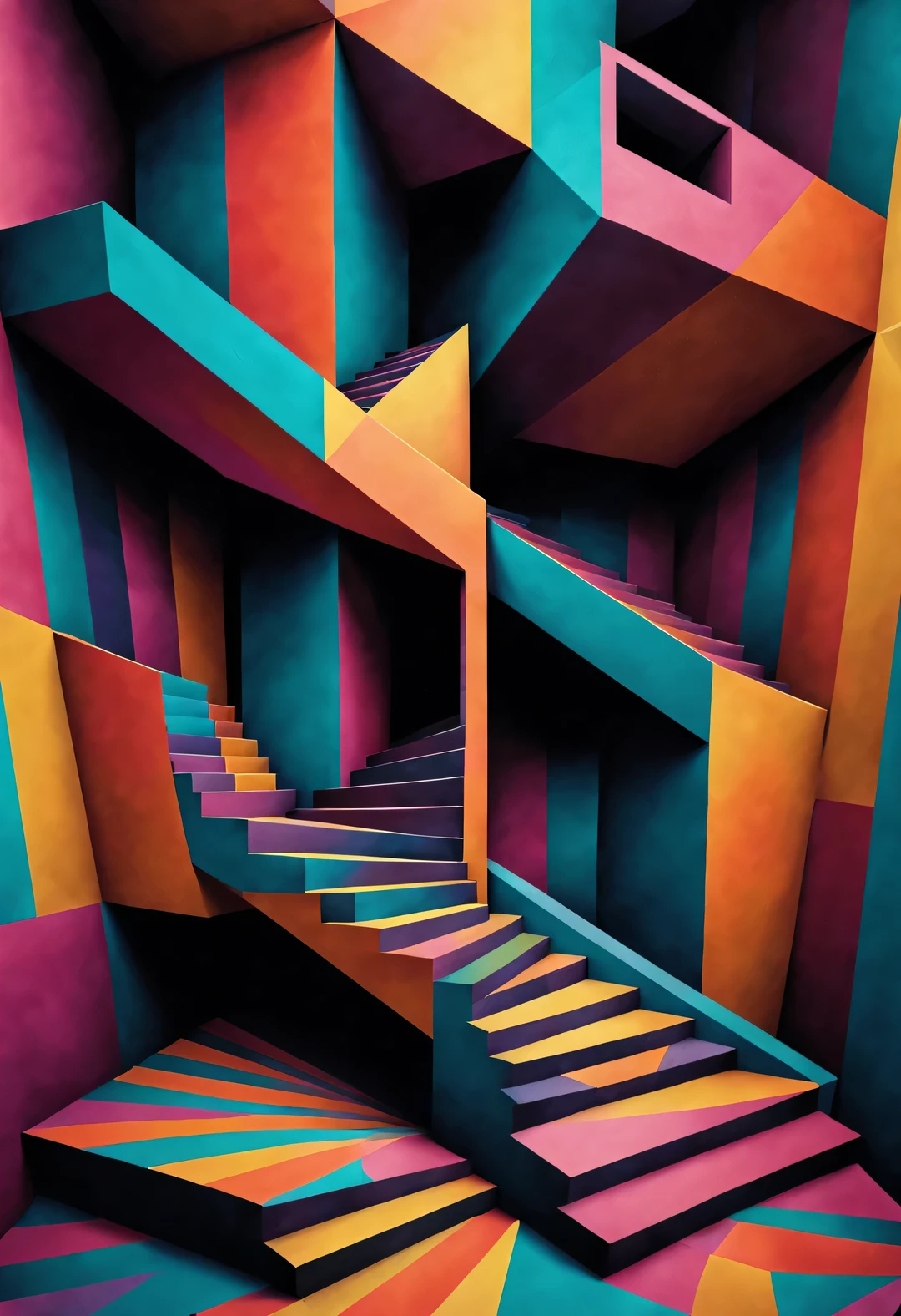 (Visual illusion), Inception, a repeating or spiral shape that moves or changes, or perspective-distorted images that distort perception of depth and space, These images appear to be moving, straight lines are curved, A painting of a man walking up the stairs, Colorful geometric design, bright colors, Inspired by Tomek Setovsky, psychedelic architecture, bright colors of the Kirian and Penrose stairs Colorful flat surrealism, Biomorphic Temple, Paul Lyle, and triple, master of abstract surrealism, inspired by killian, monument valley,