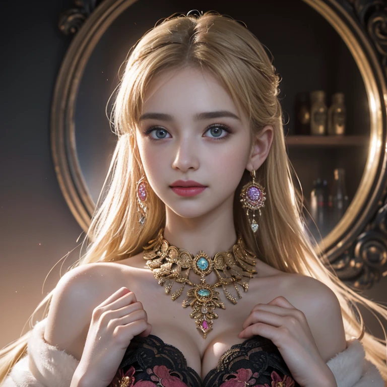masterpiece,Highest image quality,Super details,best quality ,extremely delicate and beautiful, Very detailed,best quality, official art, Extremely detailed CG unified 8k wallpaper, Ana de Armas portrait photo, Blonde hair with black pupils,shiny skin, (beautiful eyes:1.1), beautiful skin, big watery eyes,(detailed lighting:1.2), (Beautiful and detailed light:1.3),The noble goddess wearing flaming red and black holy clothes,Intricate Flame Shroud Details,Gorgeous and complex hollow ultra-thin flame dress,Beautiful udder, The most perfect breast shape,firm breast,Deep cleavage,Naked of breast,complex, digital drawing, Smooth, sharp focus, end of the world, epic reality, (high dynamic range:1.4), (pastel colors:1.4), Revelation,Bright colors, screen space refraction, (intricate details, Super detailed:1.3), art station, lens, complex background, buliding,Beautiful smile,The most beautiful look,Dreamcatcher earrings,The best look,The noble, beautiful and dignified goddess of fire,Flower laurel,