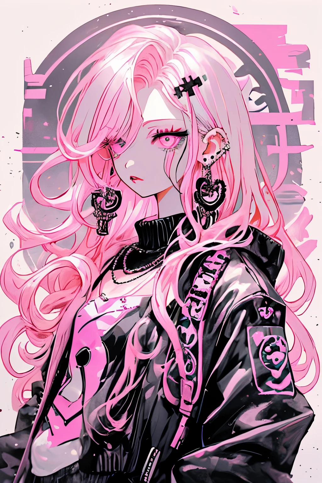 Niji Style, 1girl, solo, long hair, looking at viewer, eye glowing background, jewelry, closed mouth, jacket, upper body, pink hair, earrings, pink eyes, necklace, from side, sweater, lips, eyelashes, makeup, wavy hair, piercing, cross, lipstick, ear piercing, eyeshadow, hoop earrings, pink lips, multicolored eyes, pink theme, , pink eyeshadow,