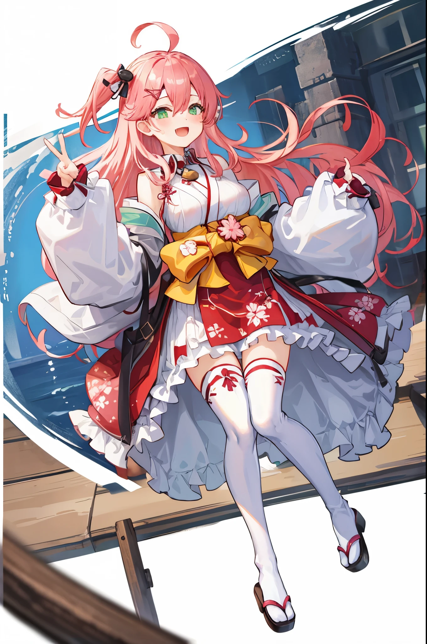 masterpiece, best quality, highres, sakura_miko, 1girl, (:1.3),medium_breasts, kimono, solo, ahoge, x_hair_ornament, pink_hair, floral print, hairclip,(side_less_clothes:1.3), (side_breasts:1.3), hair_bell, floral print, long_hair, hair between eyes, one side up, white_thighhighs, wide sleeves, open_mouth,(happy:1.3),green_eyes,smile,apart_legs,(overly_long_sleeves:1.3),),sleeves_past_wrists,hands_hidden_sleeves,sidelock_clothes,solo,hidden_wrists,(XD:1.5),covered_nipples,sunlight,(bare_flank:1.3),boots,open_mouth,kimono,close_eyes,.