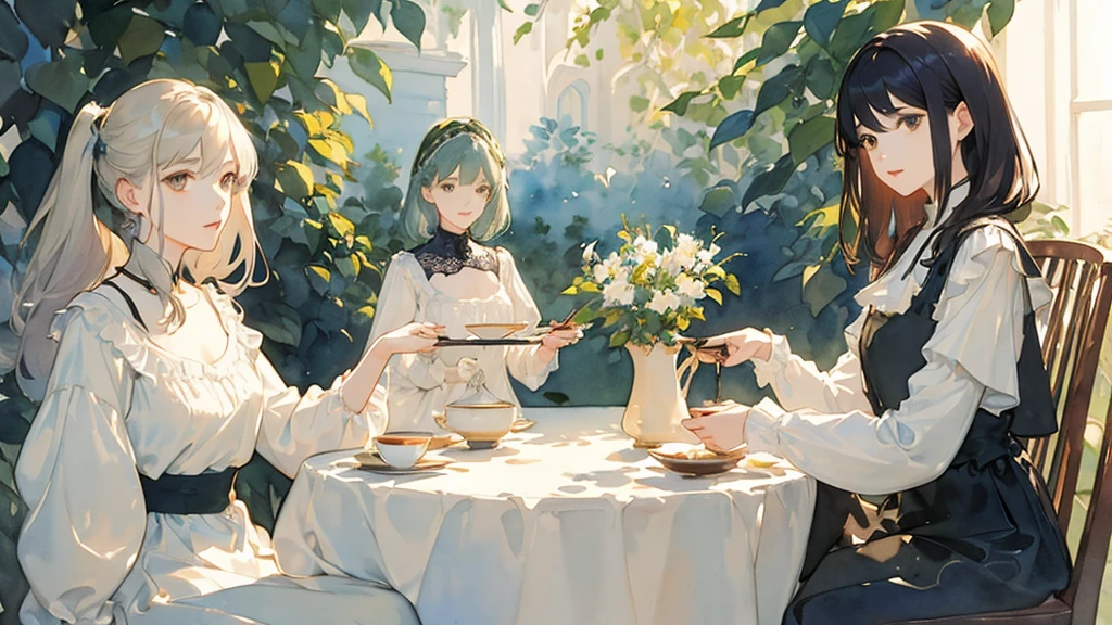 ((Watercolor by singer Sargent))、(highest quality、masterpiece)、delicate, In coffee, tea set、 plant, table,  Two girls drinking coffee,Semi-long hair and short-cut hair、One person is standing、Sea、soft sunlight、