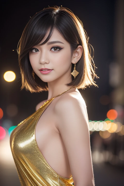 female idol、shiny lip gloss、smiling face、smoky eyeshadow、winged eyeliner、((dramatic lashes))、full body、female silk dress(gold)、multicolor short hair、conceptual art, High quality, Realistic, extremely detailed CG unified 8k wallpaper, highly detailed, High-definition raw color photos, professional photography, Cinematic Light, Beautiful detailed, Super Detail, high detail, (((Bokeh))), depth of fields, illumination, Neon Street, Super stylish lighting