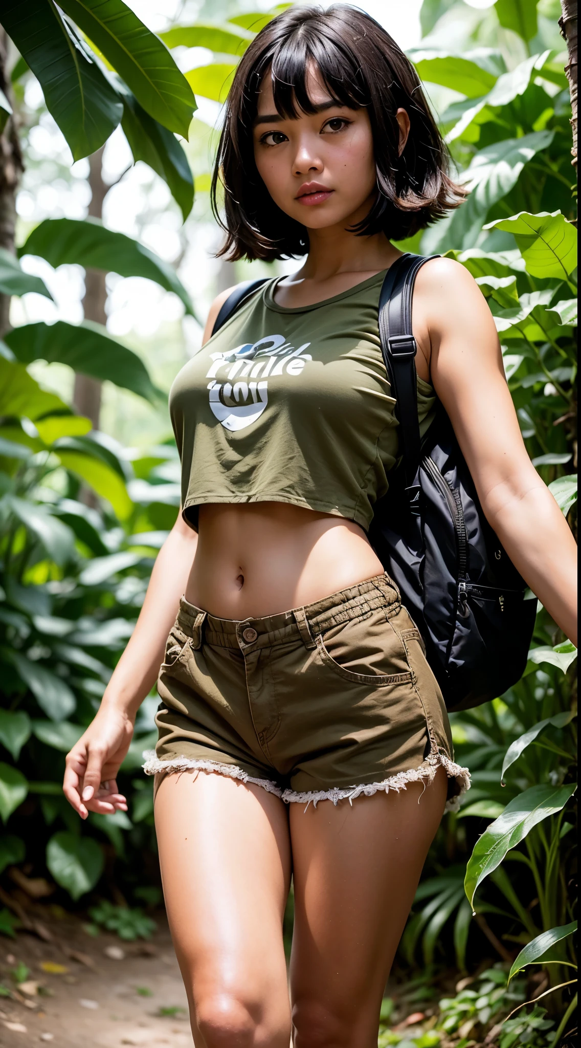 (a short young girl from china walking in jungle)), ((shoot from behind)) ((black hair short)), dora the explorer, ((big brown eyes)), ((green backpack)), (crop top graphic shirt), extremely detailed, 8yk, raw photo, high level of detail, (ray tracing), (masterpiece), (best quality), high-resolution, (realistic: 1.4), physically based representation, ultra-realistic, full body, natural light, double eyelids, ((detailed realistic face and eyes)), cinematic lighting, 8K resolution, (model shooting style), ((small round breasts)), (natural skin texture), ((brown khaki short shorts))