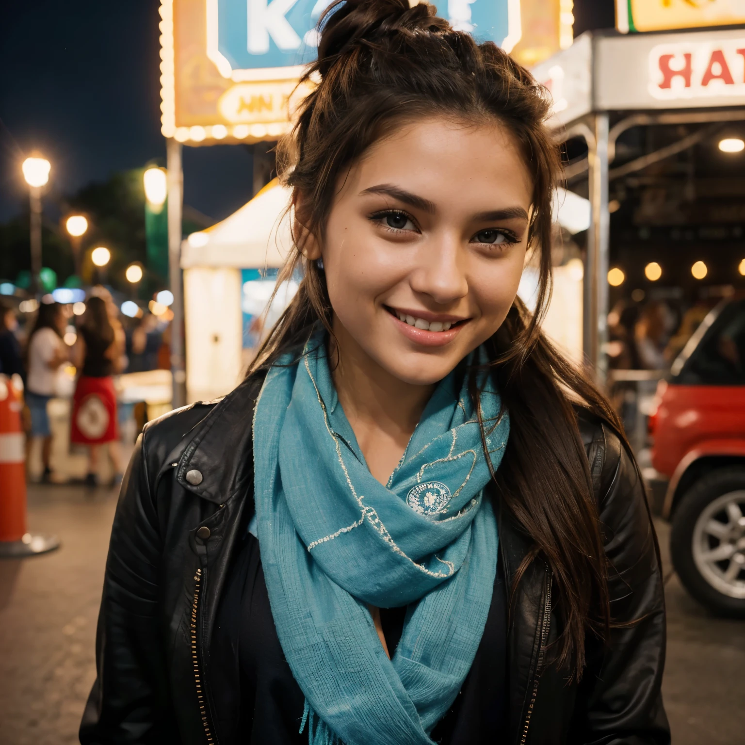 (brazilian,20 years old,Alessandra Lopez), blue eyes,dark long brown hair, full lips, smiling with teeth, seductive,portrait,realistic,highres,(vivid colors:1.1),(ultra-detailed:1.2),(studio lighting:1.1),(sharp focus:1.1), sexy, Casual chic at a fair, evening lights at a Ferris wheel, looking excited for the ride with a mix of serenity. Hairstyle: Messy bun with a scarf.