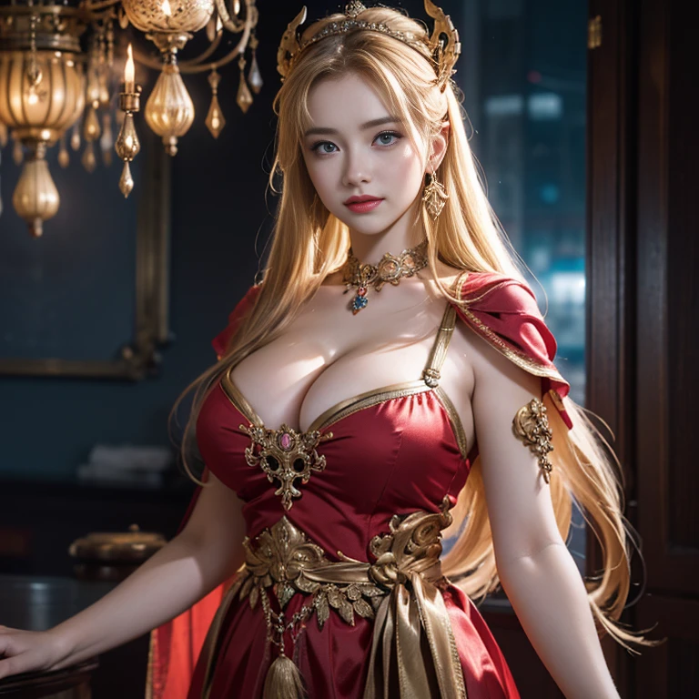 masterpiece,Highest image quality,Super details,best quality ,extremely delicate and beautiful, Very detailed,best quality, official art, Extremely detailed CG unified 8k wallpaper, Ana de Armas portrait photo, Blonde hair with black pupils,shiny skin, (beautiful eyes:1.1), beautiful skin, big watery eyes,(detailed lighting:1.2), (Beautiful and detailed light:1.3),The noble goddess wearing flaming red and black holy clothes,Intricate Flame Shroud Details,Gorgeous and complex hollow ultra-thin flame dress,Beautiful udder, The most perfect breast shape,firm breast,Deep cleavage,Naked of breast,complex, digital drawing, Smooth, sharp focus, end of the world, epic reality, (high dynamic range:1.4), (pastel colors:1.4), Revelation,Bright colors, screen space refraction, (intricate details, Super detailed:1.3), art station, lens, complex background, buliding,Beautiful smile,The most beautiful look,Dreamcatcher earrings,The best look,The noble, beautiful and dignified goddess of fire,Flower laurel,