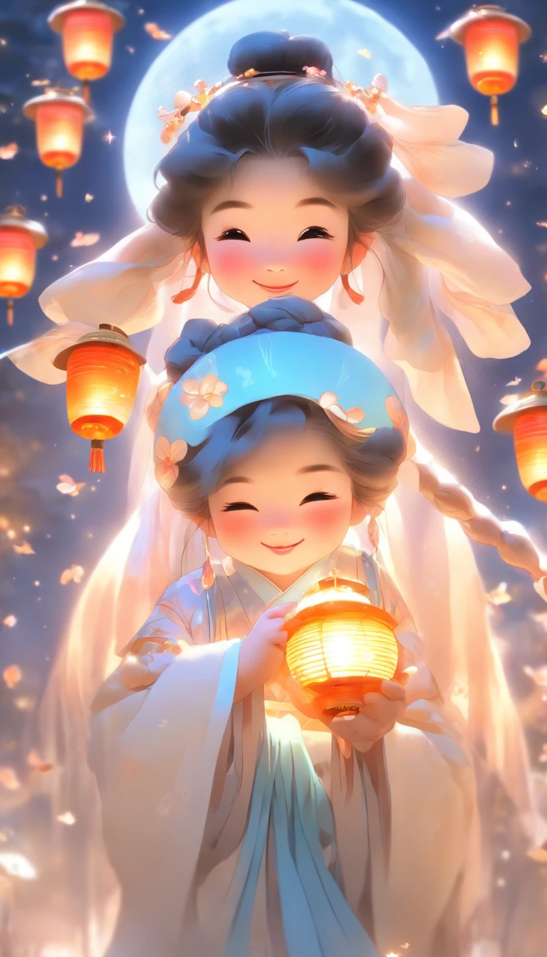 a two year old girl ,ancient Chinese style, carrying Chiense lantern, wear light blue ancient Chinese Hanfu, round face, cute, bright and watery eyes, smile, exquisite headdress, dreamy, moon background, dynamic posture, vivid expression, Zhang Daqian style, realistic hyper-details, luminous brushwork, star flash, soft light, lens halo, bokeh, glitter light, perfect details, petals falling, FHD  