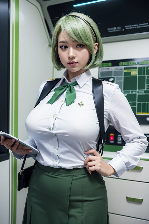 Frederica Greenhill, 25 years old, shortcut, green hair, Inspector maxi skirt uniform, Have a clipboard, speak on intercom, Inside the spaceship, Extreme overweight、big breasts