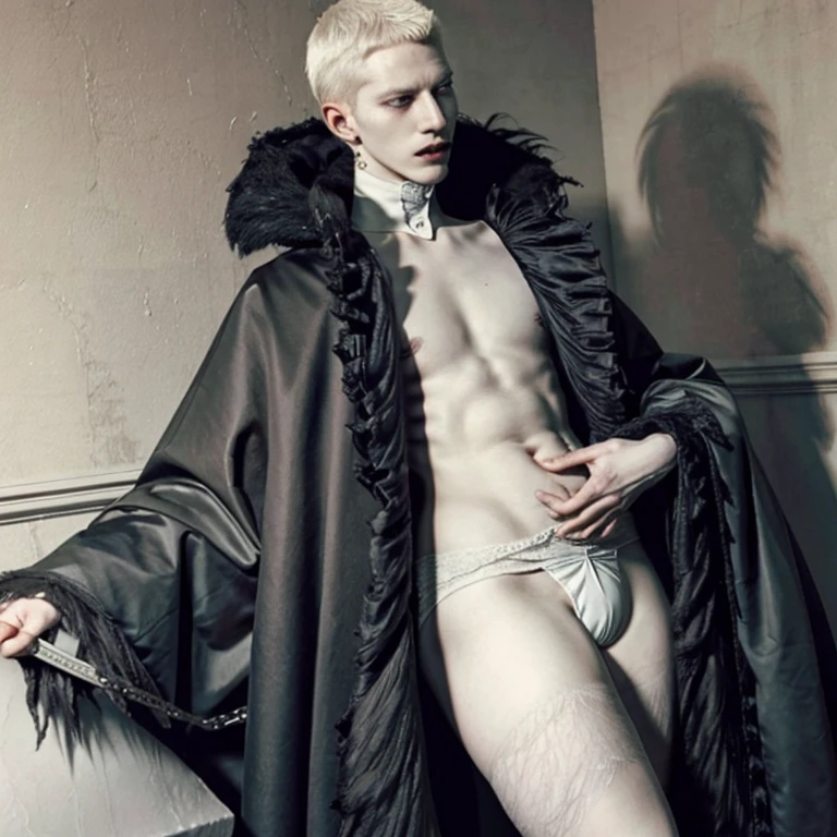 (evil albino tall lathy queer male undead Vulture King, bird brain, thin neck, frail shoulders, weak arms, flat chest, soft belly, beautiful male crotch bulge, curvy hips, thick avian thighs, massive buttocks, depraved homosexual, rapist, kidnapper, cradle robber, weak stomach, weak bladder, boys snare and castrate him)