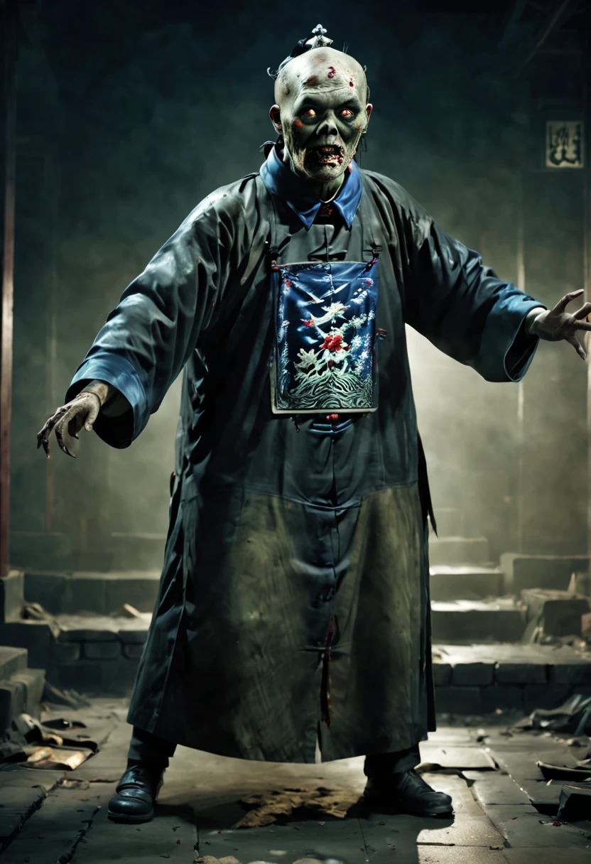 A terrifying Qing Dynasty zombie stands at the center with arms stretched out at a 90-degree angle, stare fiercely ahead. zombie装饰havezombie_have, The dim lighting environment depicts the faint glow of the town. ((actual))),((masterpiece), (best quality), 超high resolution, (original photo:1.2), (photoactual:1.4), Excellent details, dramatic lighting, high resolution, 8k, ridiculous,Chinese building, Chinese tower, obsolete, (Chinese_Clear_zombie:1.5),The color palette is dark and ominous, Create an atmosphere of fear. The overall composition reflects the ink elements of Asian horror posters and traditional Chinese aesthetics.