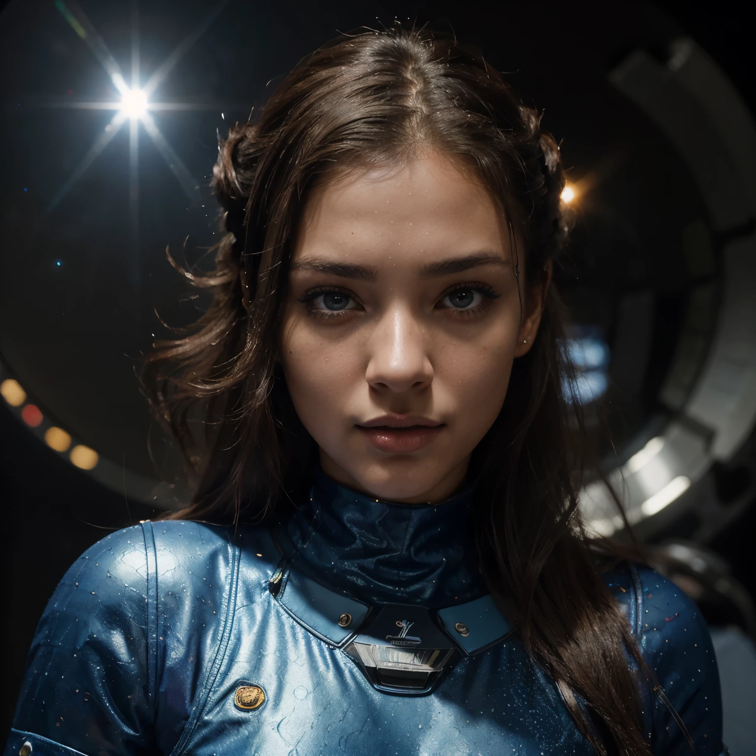 (brazilian,20 years old,Alessandra Lopez), blue eyes,dark long brown hair, full lips, seductive,portrait,realistic,highres,(vivid colors:1.1),(ultra-detailed:1.2),(studio lighting:1.1),(sharp focus:1.1), sexy, Futuristic outfit at a planetarium, dynamic space-themed lighting, looking fascinated and intrigued. Hairstyle: Space-inspired updo.