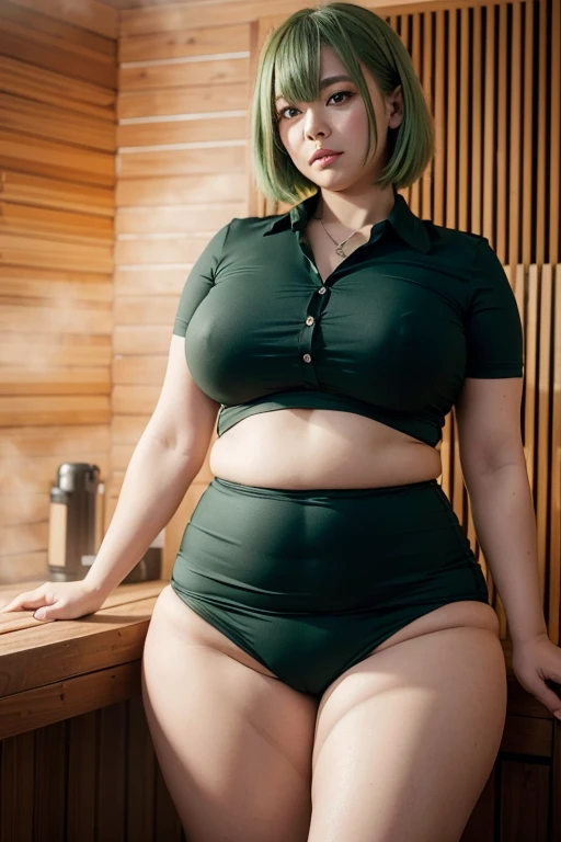 Frederica Greenhill, 25 years old, shortcut, green hair, Inspector maxi skirt uniform, Extreme overweight、big breasts、Taking a sauna in a black bikini