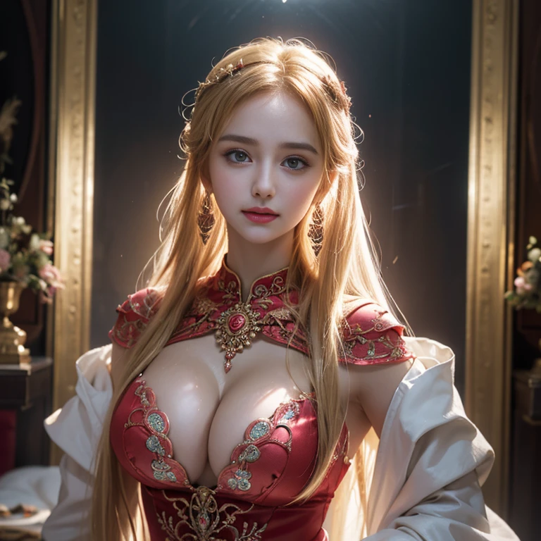 masterpiece,Highest image quality,Super details,best quality ,extremely delicate and beautiful, Very detailed,best quality, official art, Extremely detailed CG unified 8k wallpaper, Ana de Armas portrait photo, Blonde hair with black pupils,shiny skin, (beautiful eyes:1.1), beautiful skin, big watery eyes,(detailed lighting:1.2), (Beautiful and detailed light:1.3),The noble goddess wearing flaming red and black holy clothes,Intricate Flame Shroud Details,Gorgeous and complex hollow ultra-thin flame dress,Beautiful udder, The most perfect breast shape,firm breast,Deep cleavage,Naked of breast,complex, digital drawing, Smooth, sharp focus, end of the world, epic reality, (high dynamic range:1.4), (pastel colors:1.4), Revelation,Bright colors, screen space refraction, (intricate details, Super detailed:1.3), art station, lens, complex background, buliding,Beautiful smile,The most beautiful look,Dreamcatcher earrings,The best look,The noble, beautiful and dignified goddess of fire,Flower laurel,
