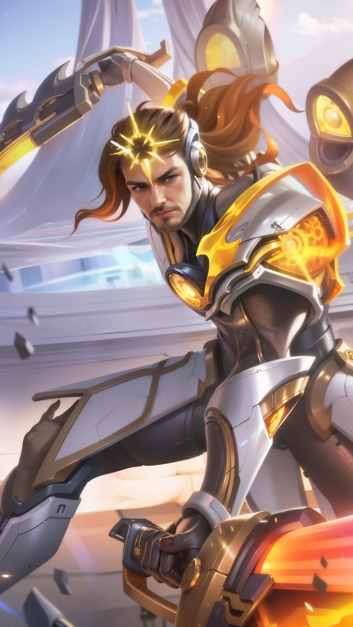 masculine male, masterpiece, ((perfect eyes)) best quality, (semirealism:1.9), beautiful lighting, (extremely detailed CG unity 4k fhd wallpaper), High Detail, Sharp focus, dramatic outdoors ,40 years old, brown short hair, blue eyes.
