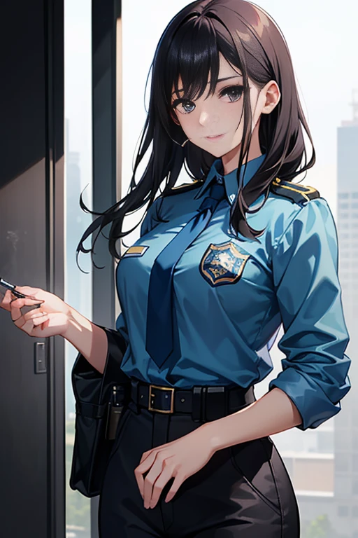 photoRealstic、hight resolution、Beautiful Female Police Officer、Smoking cigarettes、Blue Uniform(police officers)、police station、burst into laughter、close your eyes and laugh、A dark-haired、Fine-textured skin、Darker makeup、eye make up、Light brown eyes